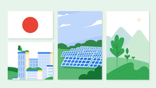 Illustration of the Japanese flag, buildings, solar panels, and trees and mountains