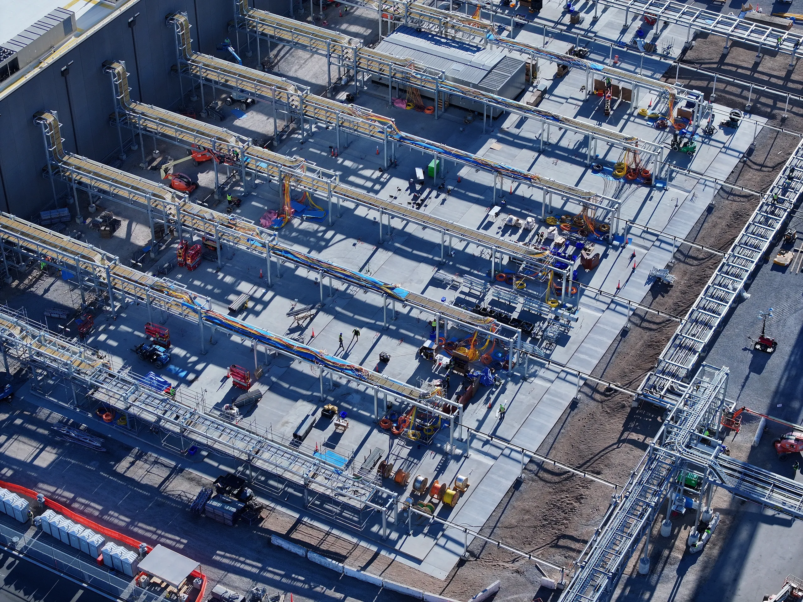 An aerial photograph at Google's Storey County, Nevada, data center generator yards under construction. 