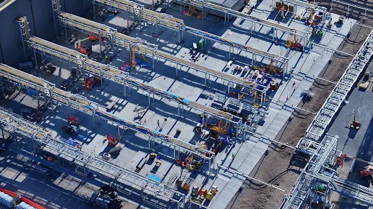 An aerial photograph at Google's Storey County, Nevada, data center generator yards under construction. 