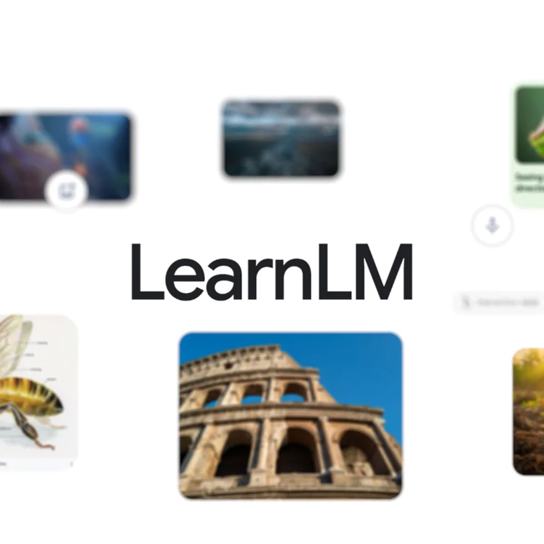 Text "LearnLM" with images around it: a close-up of a bee, the Colosseum, nature scenery, and other various pictures blurred in the background.