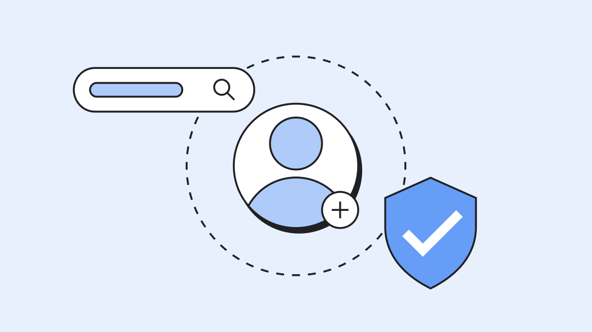 Blue icon of a blue social icon with plus sign, flanked by a security verified checkmark and a search bar