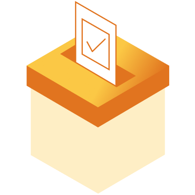 Yellow election ballot box with a yellow card with a tick on it being inserted into the box