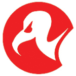 A white vulture's head on a red circle background making up the Register's logo