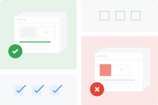Webová stránka se zelenou značkou zaškrtnutí kontrastující s webovou stránkou s červenou značkou X znázorňující, jak zásady ovlivňují celý Google.