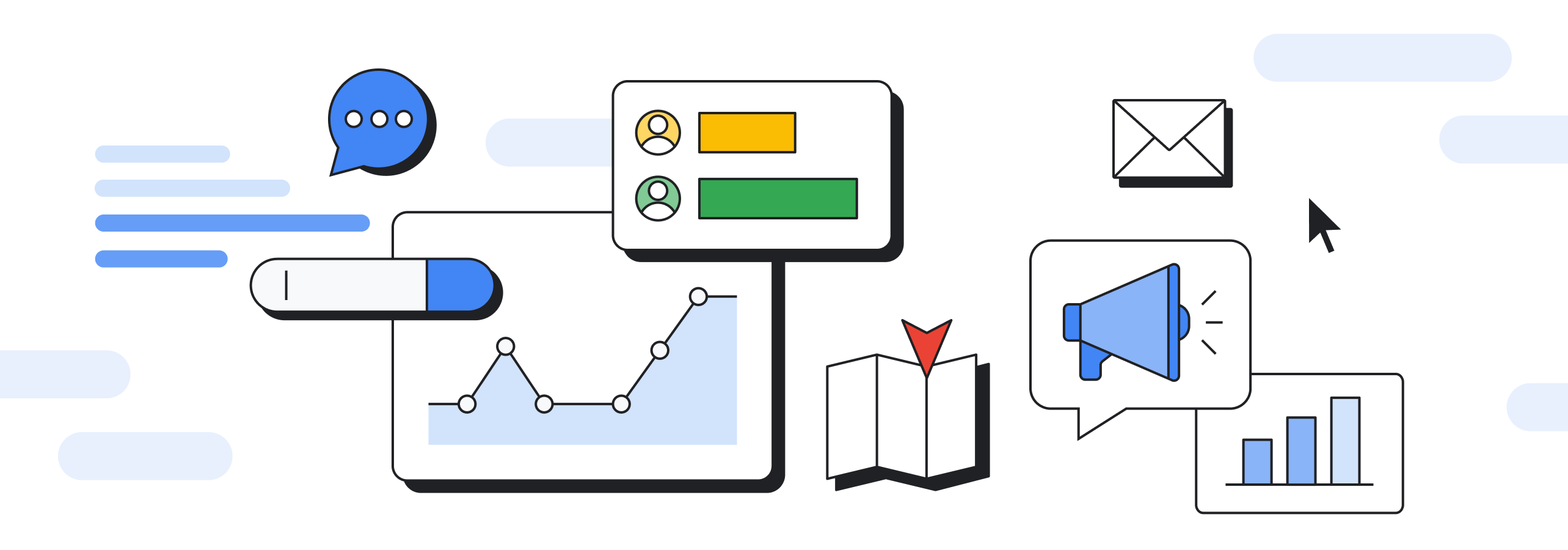 Illustration of digital marketing tools, including a line graph, loudspeaker, email icon, location pin, video icon, and user analytics.