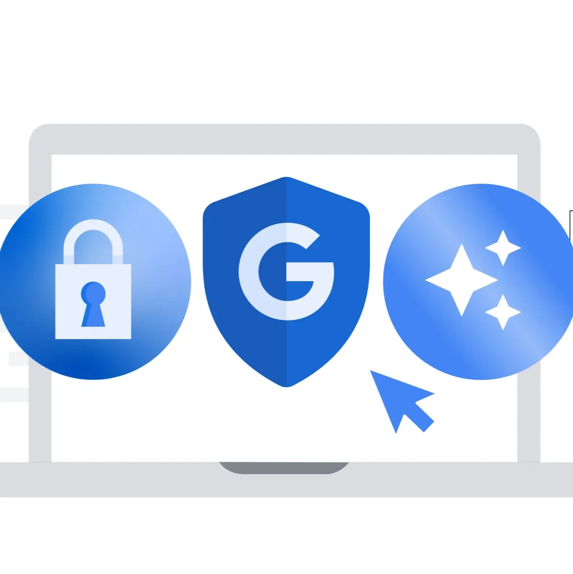 An illustration of a laptop and three blue icons including a lock, a shield with the letter G, and stars in a blue circle