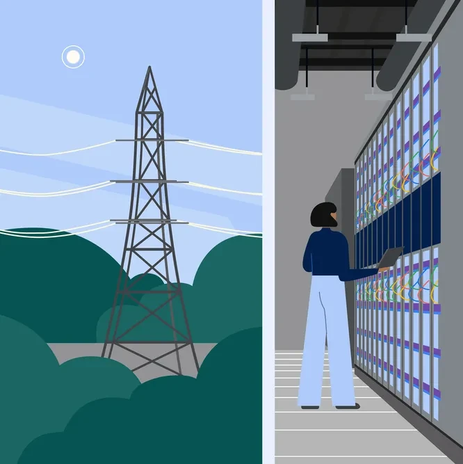 A colorful illustration of clean energy sources in a urban enviroment