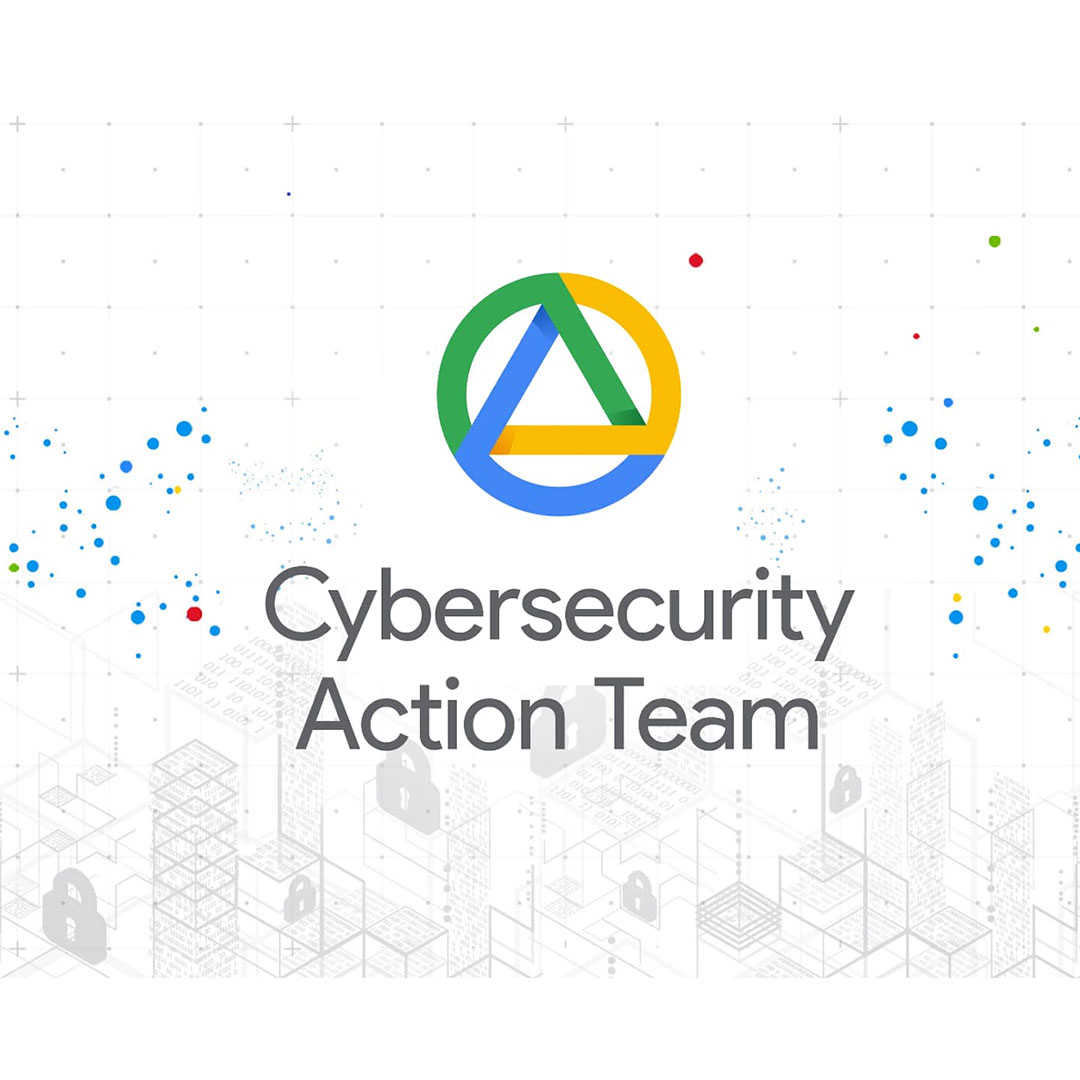 Illustration with locks in the background with "Cybersecurity Action Team" written under a logo and dots across the middle in the foreground