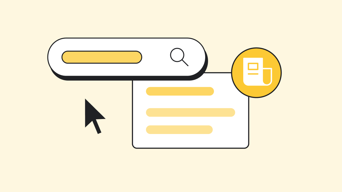 Yellow icon depicting a search bar, search result, and note