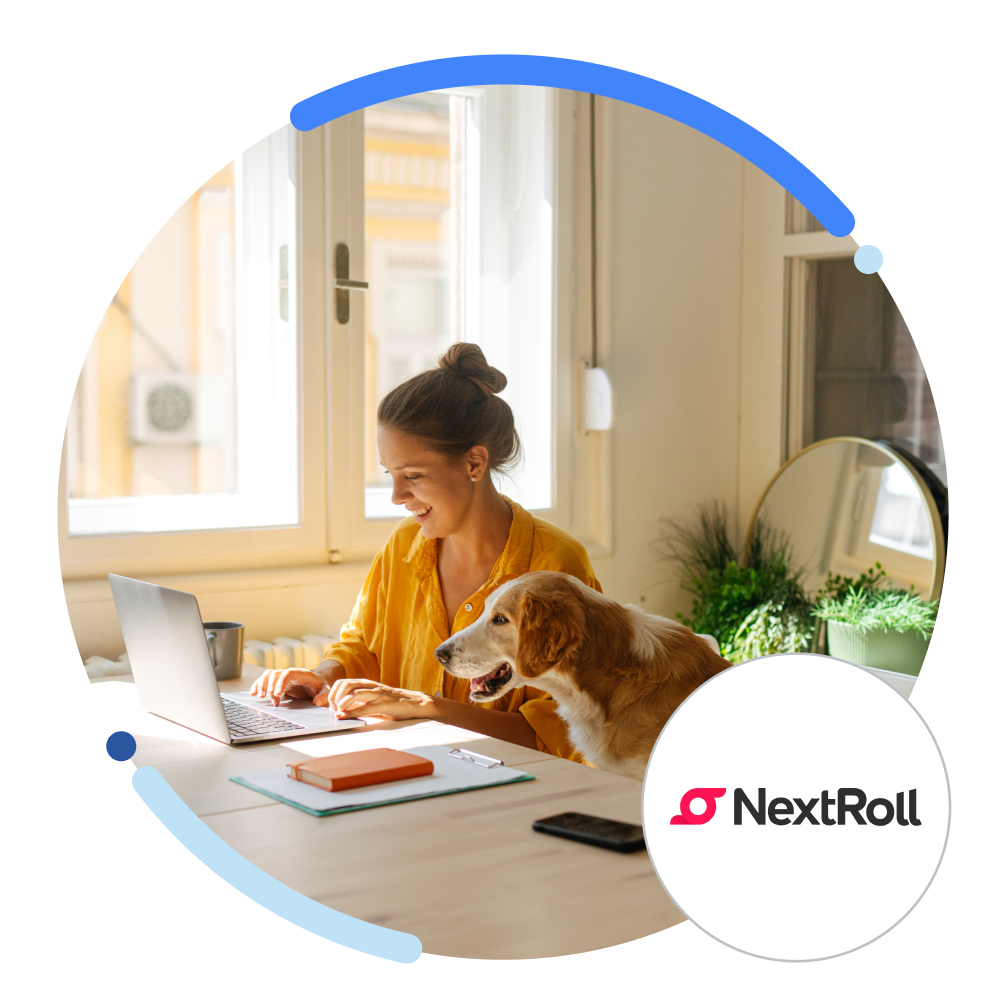 A photo of a woman working at home on her laptop with her dog next to her and a NextRoll logo