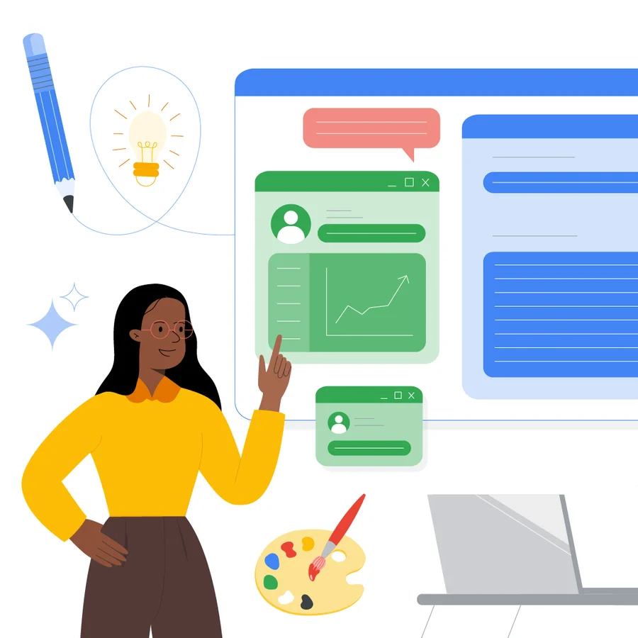 Colorful illustration of a young educator pointing at a series of graphs and charts.