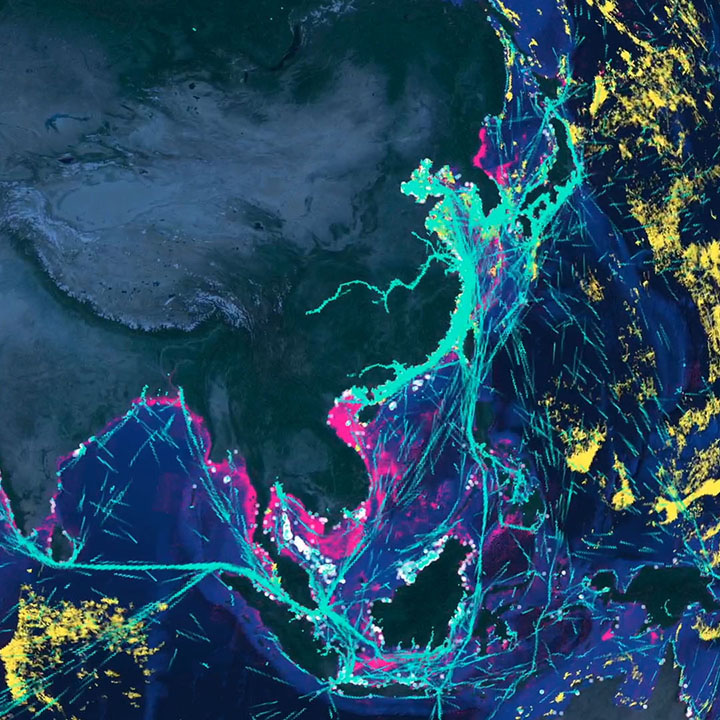 Satellite image of East Asia with neon lines indicating maritime traffic patterns and yellow splotches representing coastal activities.