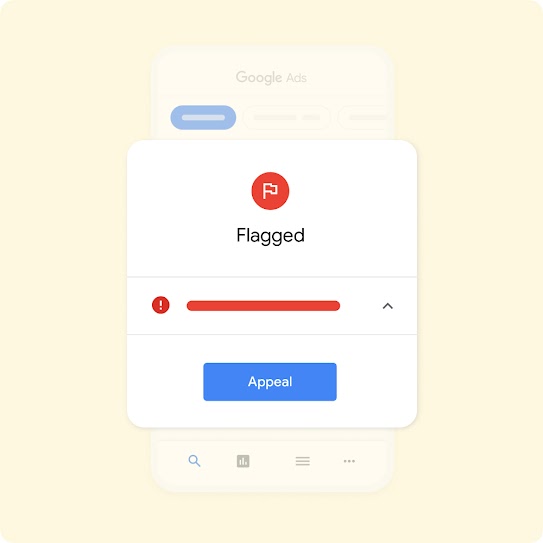 An illustrated smartphone shows the beginning of the appeal process for flagged content.