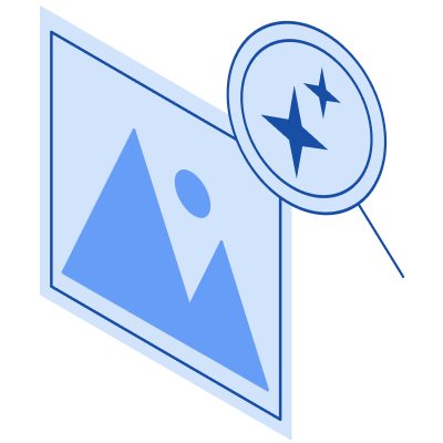 Graphic of an image icon with a magnifying glass with stars inside it hovering over the image