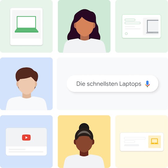 Illustrierte Collage mit drei Nutzern, die unterschiedliche Empfehlungen für ihre Suchanfragen für den Kauf eines Laptops erhalten