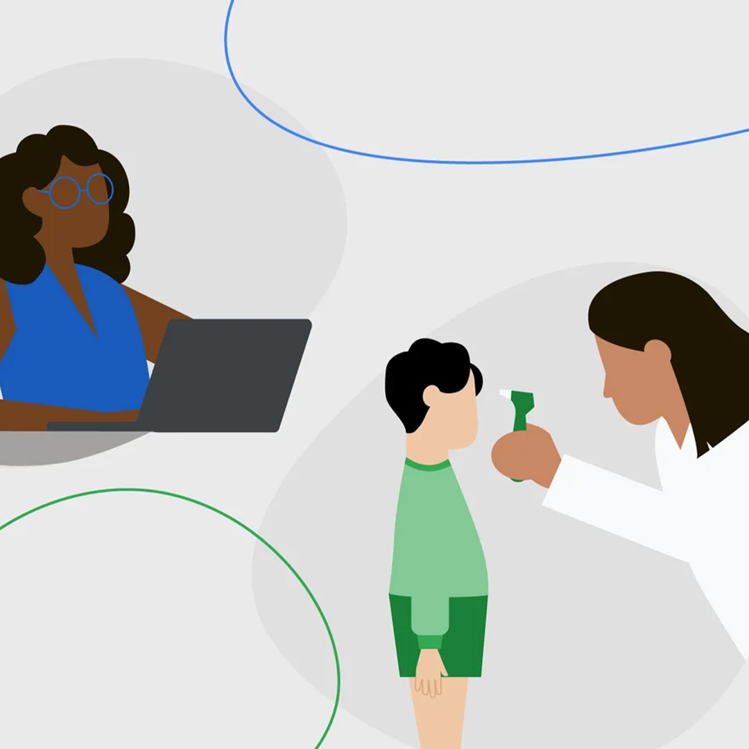 Illustration of a young boy getting his eyes checked by an ophthalmologist and a woman working on a laptop.