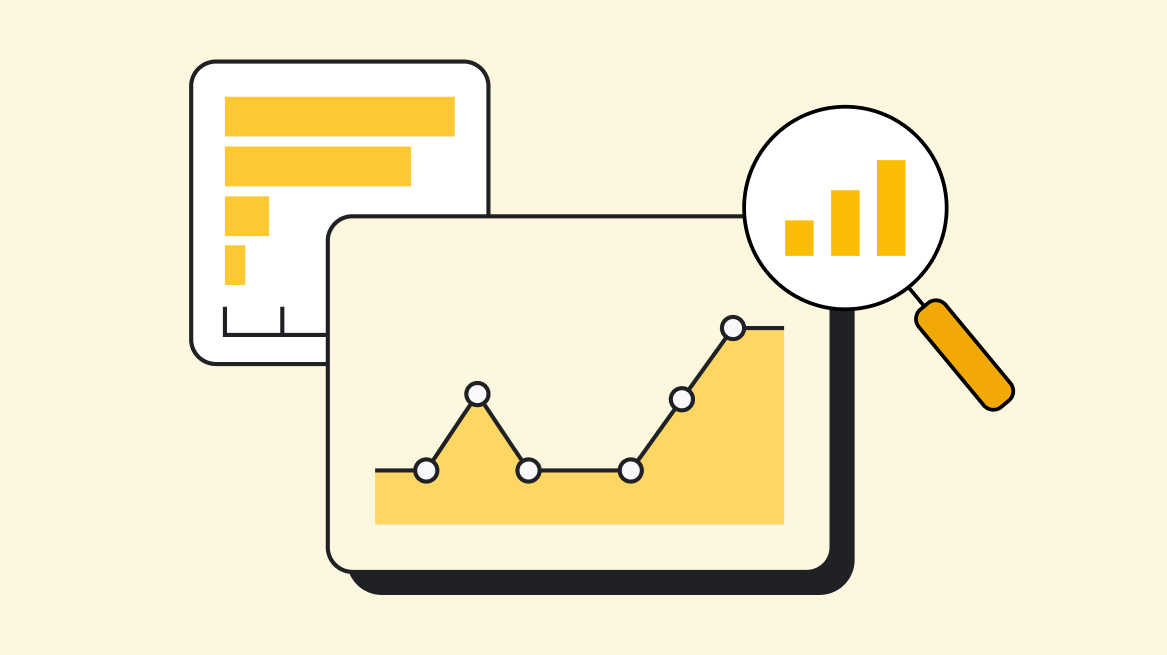 Yellow icon of digital information imagery, including a bar graph, a magnifying glass, and a line graph