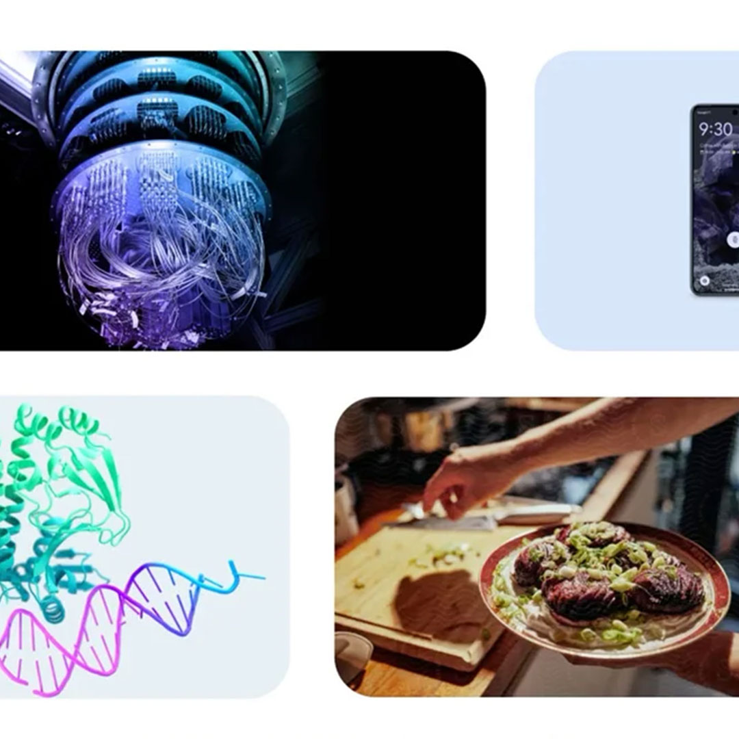 A collage of four images: a DNA strand, a hand holding a plate of food, a phone, and a quantum computer processor