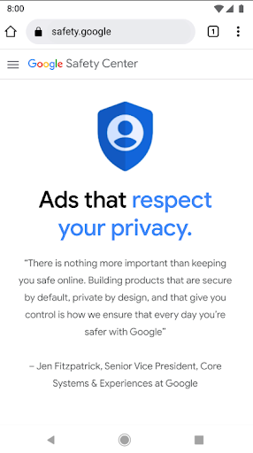  Image of the Google Safety Center site about ads and data, featuring a blue shield logo at the top with an illustration of a person in the center