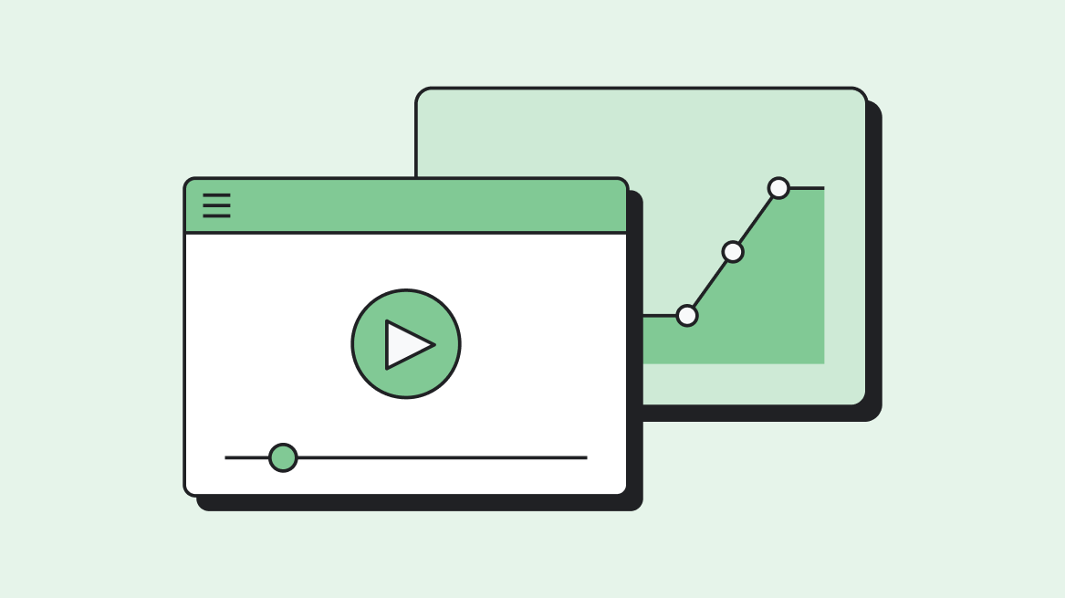 Green icon of digital marketing tools, including a video player and a line graph