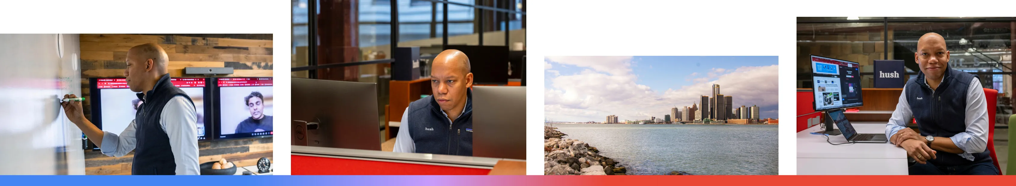 Four images above a red and blue gradient featuring a man wearing a blue vest and a lighter blue shirt underneath working in an office