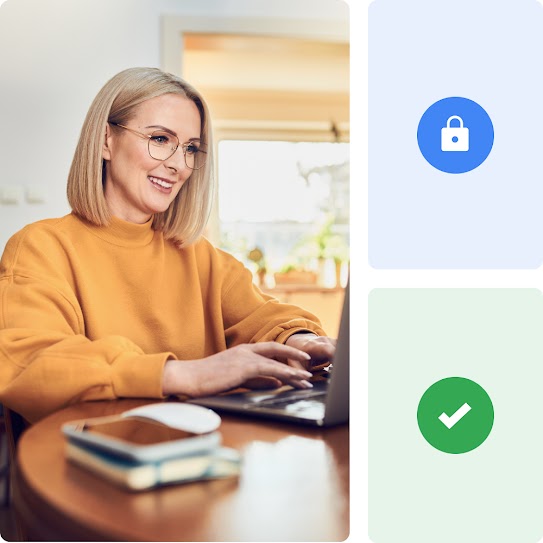 Collage of images shows icons of safe and secure content, a woman working in an office.