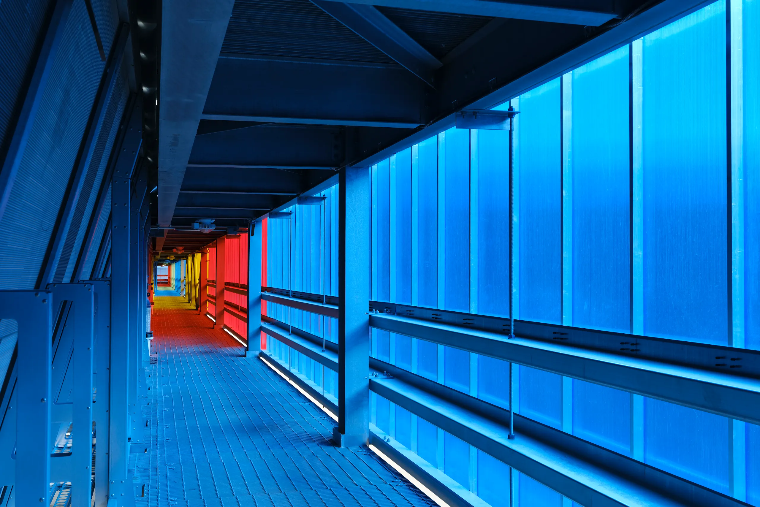 A photograph inside a dry cooler platform on a sunny day in Storey County, Nevada.