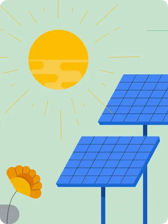 Illustration of the sun, blue solar panels, and a yellow flower