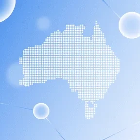 A pixelated representation of the Austrailian continent against a sky-colored background