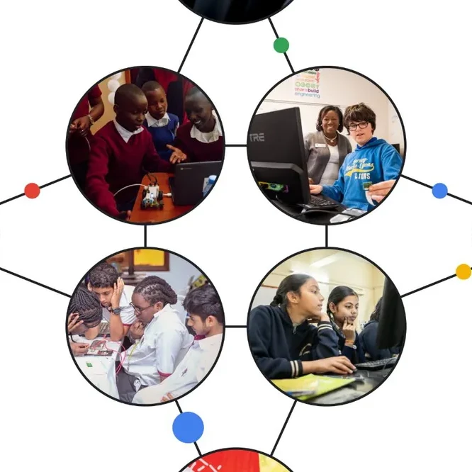 Four images of students in a classroom setting inside of four circles, each connected by lines