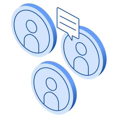 Three circles with an illustration of a person inside each and a speech bubble coming out of one circle