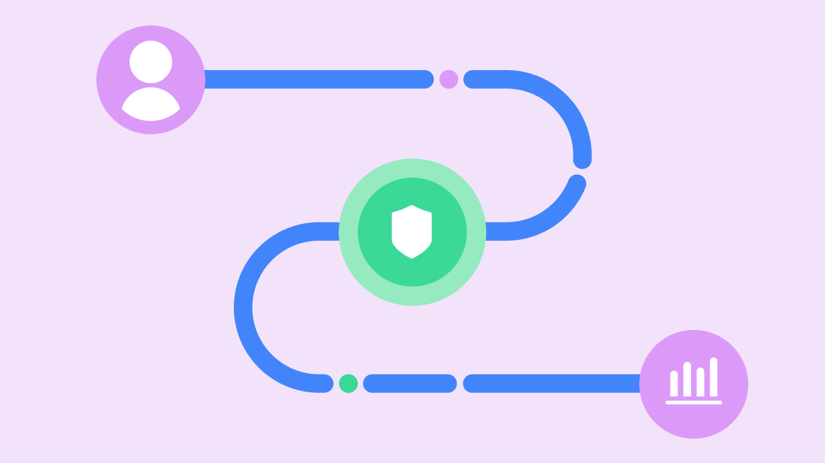 Data flowing between a person, a shield icon, and a bar graph, representing privacy-preserving measurement.