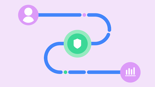 Data flowing between a person, a shield icon, and a bar graph, representing privacy-preserving measurement.