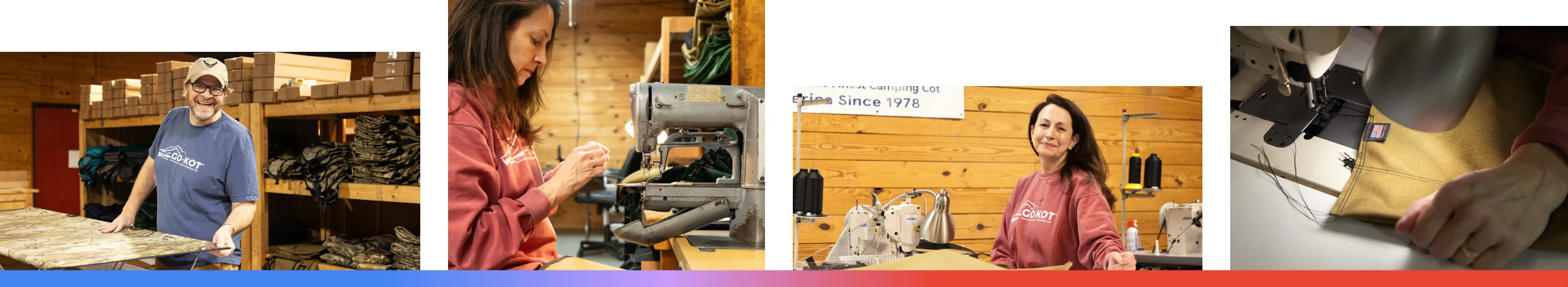 Four images above a red and blue gradient line featuring a woman with dark brown hair in a warehouse space at a desk