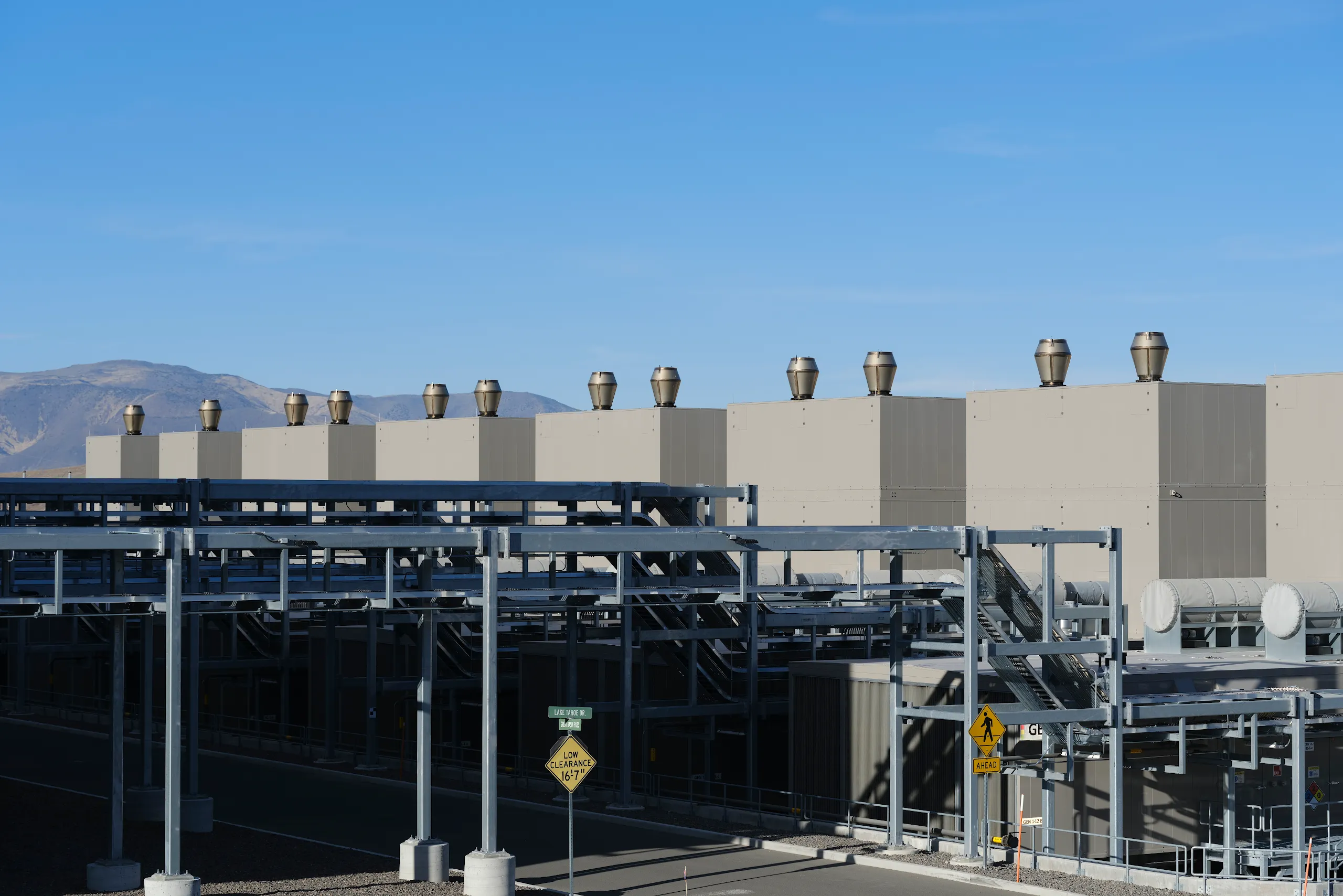 An exterior photograph of emergency backup generators at Google's Storey County, Nevada, data centers.