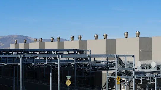 An exterior photograph of emergency backup generators at Google's Storey County, Nevada, data centers.