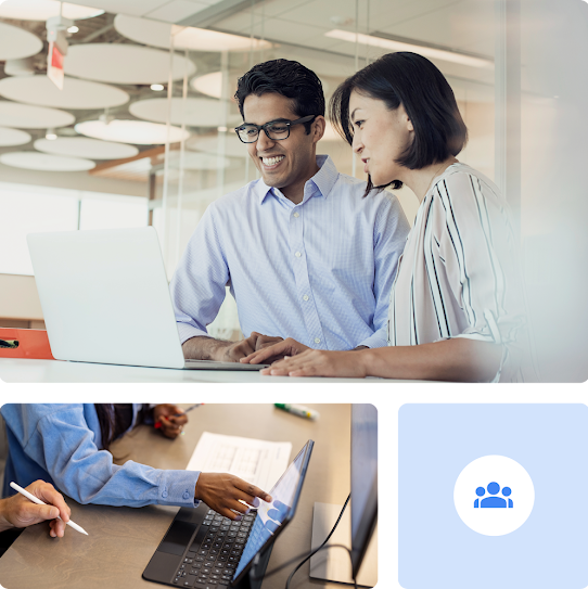 A collage of images shows two men working in an office, a close up of people collaborating on a laptop, and an icon to represent teams.