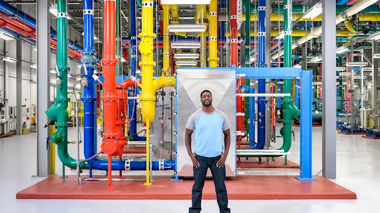 A photograph of a man with in a blue shirt with hands in pocket standing in the center of the image in front of colorful pipes in a Google facility. 