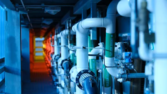 A photograph inside a cooling tower pumping system facility at Google's Storey County, Nevada, data center campus.