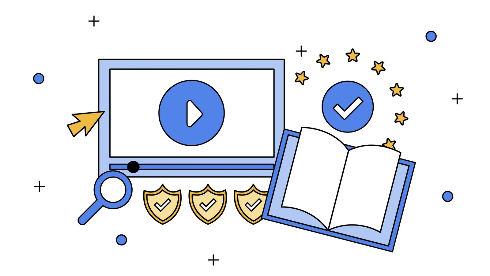 Illustration of a blue screen with a play button, a book and a search icon, and stars to represent the EU.