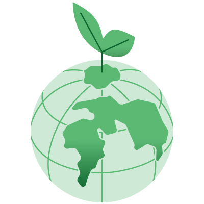 Graphic of a globe in green with a leaf sprouting out the top of the globe