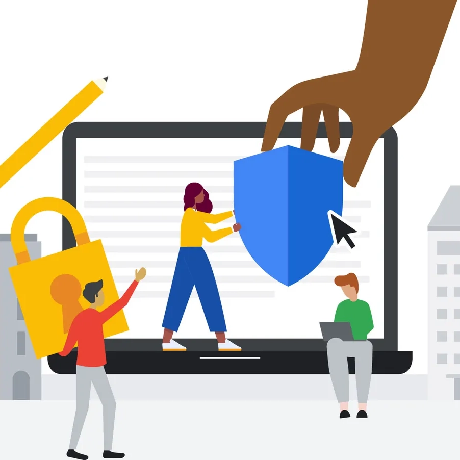 Illustration of people securing a laptop, one with a large shield, another with a padlock, and one sitting with a laptop, symbolizing cybersecurity.