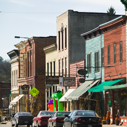 A photograph of a main street in an idealic small American town