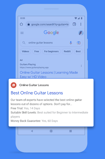 A mobile device greyed out over a blue background, featuring an example of an ad for Best Online Guitar Lessons