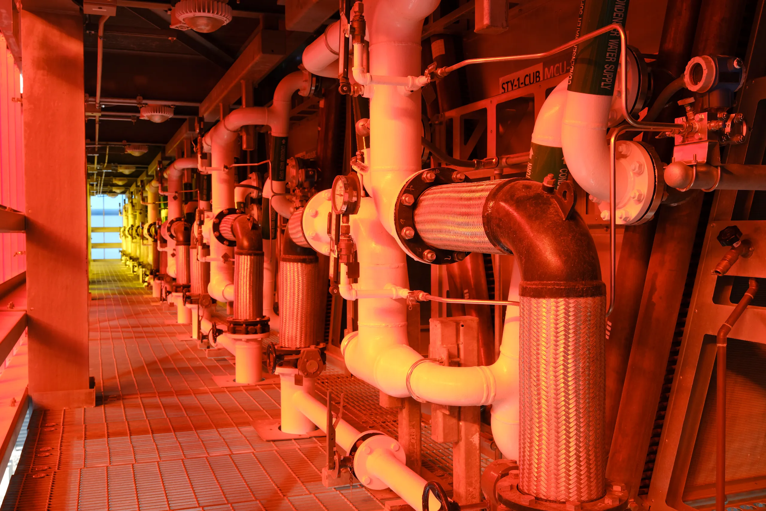 A photograph inside a cooling tower pumping systems facility at Google's Storey County, Nevada, data center campus.