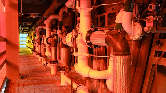 A photograph inside a cooling tower pumping systems facility at Google's Storey County, Nevada, data center campus.