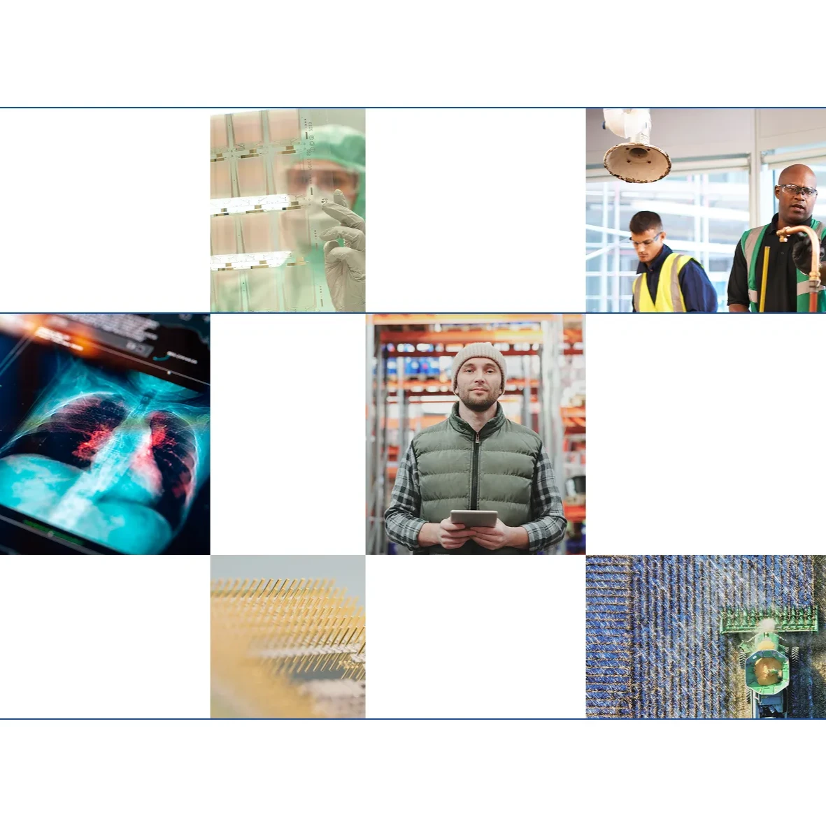 A collage of images including a diagnostic chest imagery, a researcher working in a laboratory, and construction workers inside of a new building