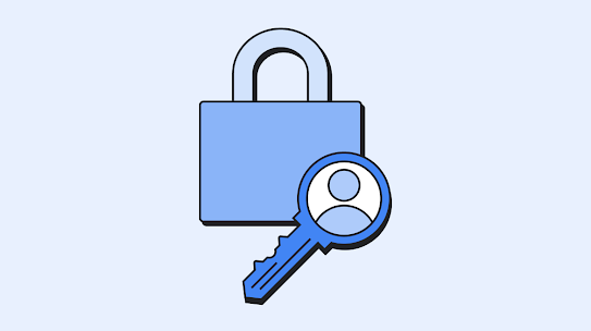 Blue icon of a padlock and key, signifying digital security