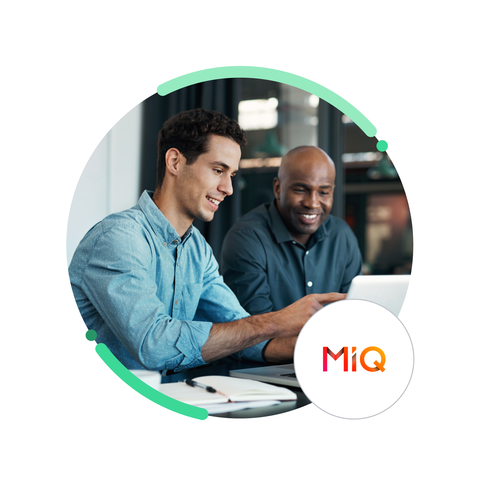 A photo of two professionals engaged in a discussion while working on a laptop, with a MiQ logo.