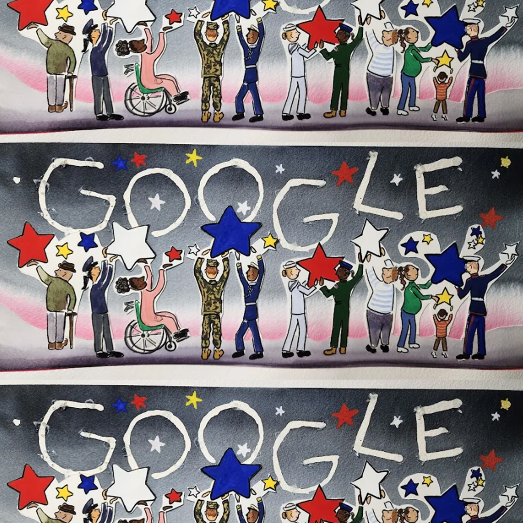 Illustration of service members in uniform and civilians holding stars below the word “Google”